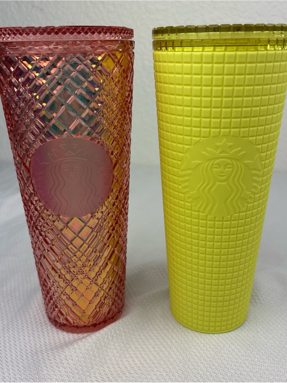 Starbucks Pink Rose Gold Iridescent & Yellow Textured Tumbler Pair